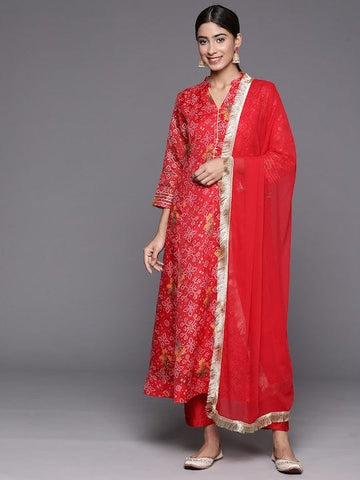 varanga bandhani printed zari kurta with trousers dupatta